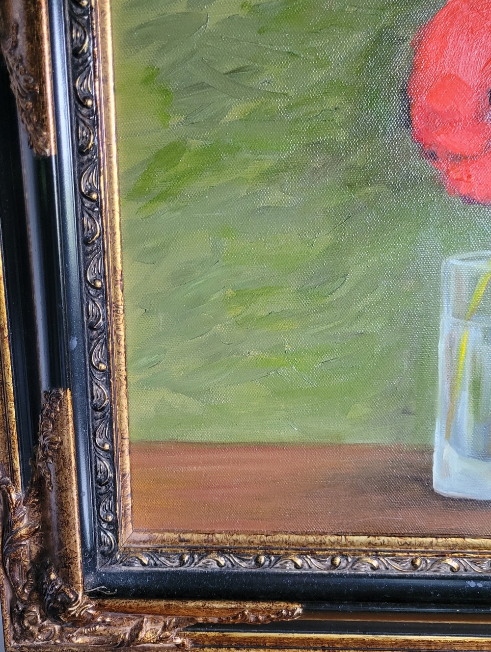Oil on Canvas - Red Poppy Still Life Painting in Black and Gold Frame - Picture 7 of 8